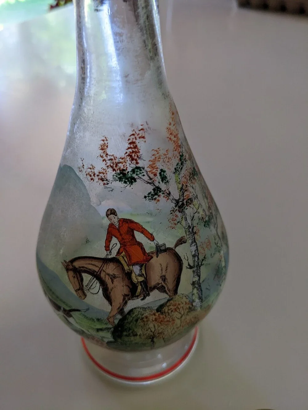 1930's Czechoslovakian Glass Decanter Set with Equestrian Scene and Red Trim.
